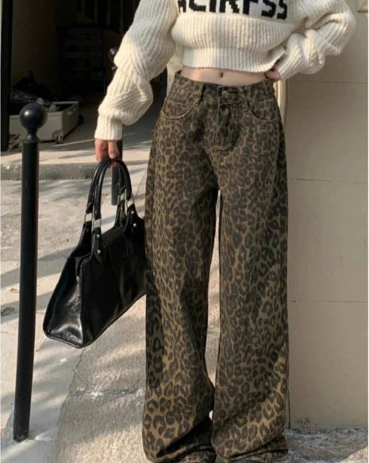 xsrrr Vintage Leopard Print Pantalon Femme Wide Leg Pants Women High Waist Straight Y2k Jeans Casual Fashion Korean  Jean Trousers