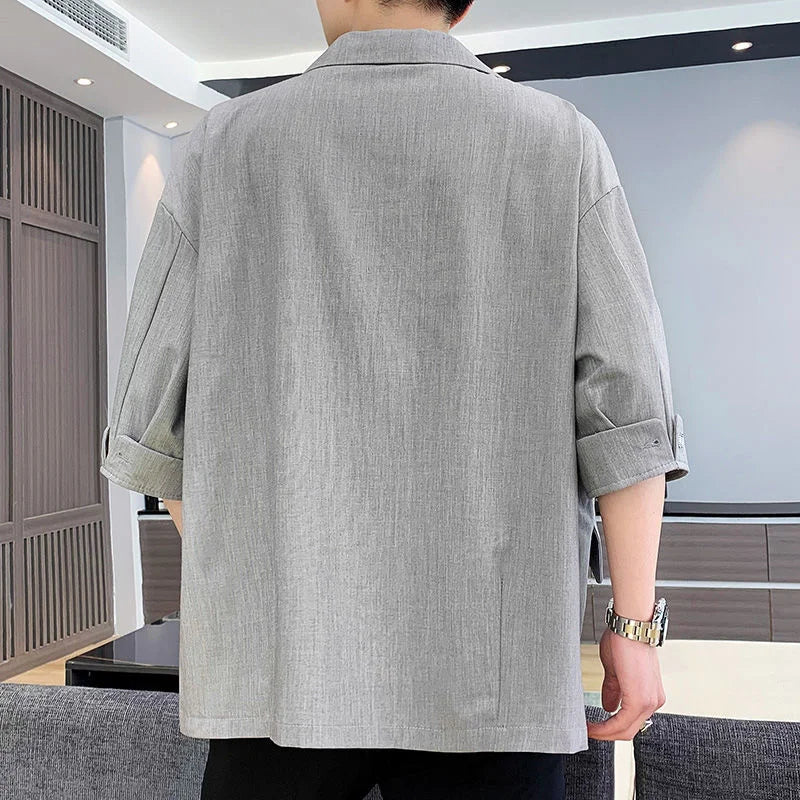 Three-quarter Sleeve Blazers Loose Casual Suit Summer Oversize Patch Design Solid Jackets Classic Simple Trend  Male Clothes