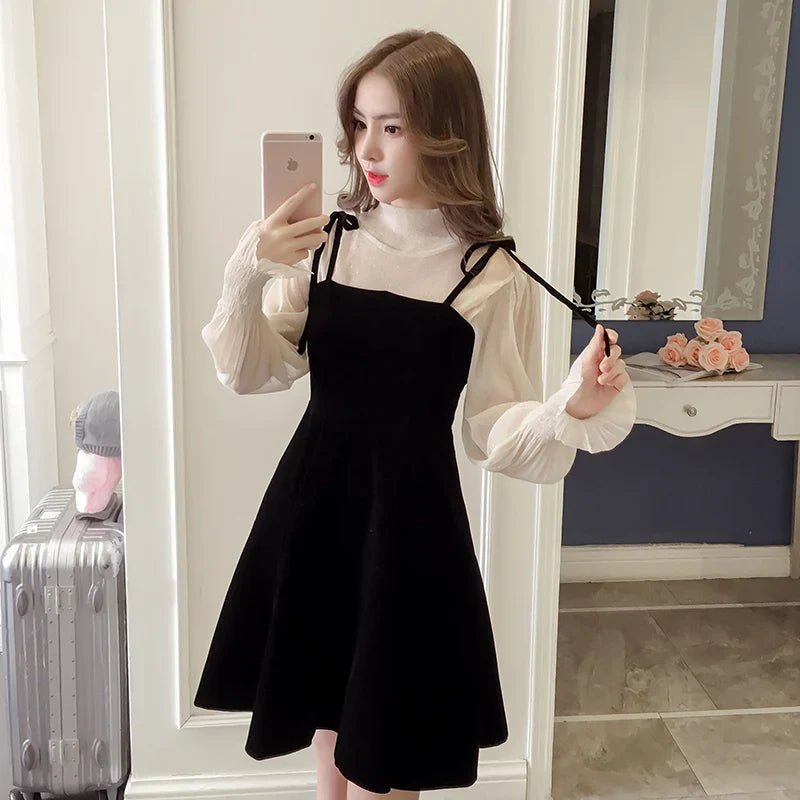 xsrrr Spring New Elegant Two Piece Dress for Women Women Winter Korean A-Line O-Neck Tops and Black Sundress Streetwear Dress Vestidos