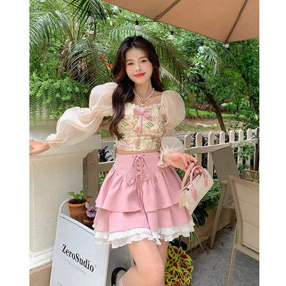 xsrrr Autumn Pink Kawaii Mini Skrts Women Lace Patchwork Korean Fashion Party Skirt Female Casual Chic Designer Bandage Skirts