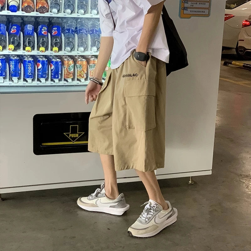 Casual Cargo Pants Men Calf-length Letter Oversize All-match Baggy Wide Leg Trousers High Street Hip Hop Trendy Harajuku Chic