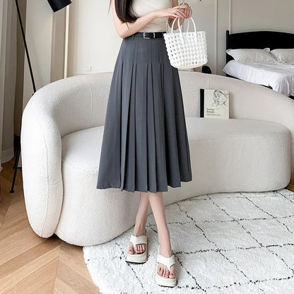 xsrrr Spring Summer High Waist Midi Pleated Skirts Womens Fashion A-line Casual Suit Skirt Ladies Elegant Vintage Umbrella Skirt