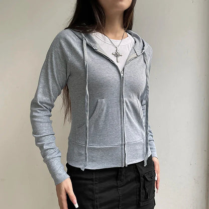 xsrrr Casual Hoodies Gray Women'S Sweatshirts Harajuku Y2K Long Sleeves Female Hooded Pocket Slim Fit Coat Autumn Korean New