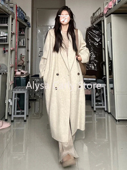 xsrrr Winter Korean Long Woollen Coat Women Double Breasted Chic Warm Loose Casual Coat Female Fashion Office Lady Trench Jackets