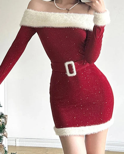 xsrrr Christmas Party Dress Slim Patchwork Fur Trim Bodycon Dress With Belt Casual Slash Neck Long Sleeve Mini Dresses Women