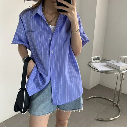 xsrrr Shirts Women Blue Striped Loose Harajuku Long Sleeve Casual Spring Tops Students All-match Fashion Simple Korean Ulzzang Chic BF