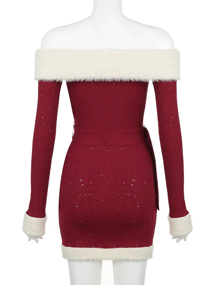 xsrrr Christmas Party Dress Slim Patchwork Fur Trim Bodycon Dress With Belt Casual Slash Neck Long Sleeve Mini Dresses Women