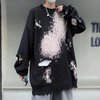 Spring Autumn Men's New Round Neck Loose Pullovers Male Oversize Hole Sweater Tops Men Long Sleeve Knitted Tops S844