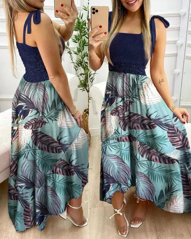 xsrrr Summer Sexy Spaghetti Strap Floral Print Maxi Dress For Women Casual Elegant Chest Wrap Long Woman Beach Dress Holiday