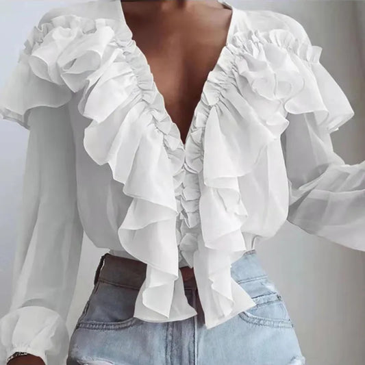 xsrrr Spring Autumn Elegant Ruffles Women Shirts Top Casual V Neck Long Sleeve Loose Female Solid Chiffon Blouses For Women Blusa