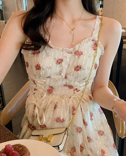 xsrrr Floral Elegant Slip Dress Women Belt Designer Korean Fashion Party Dress Female Casual Vintage Chic Summer One-piece Dress