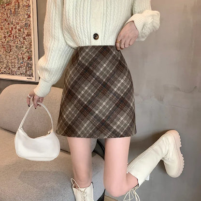 xsrrr Skirts Women Woolen Tender Fashion High Waist Retro Plaid Elegant A-line Casual Ladies Minimalist All-match Autumn Korean Style