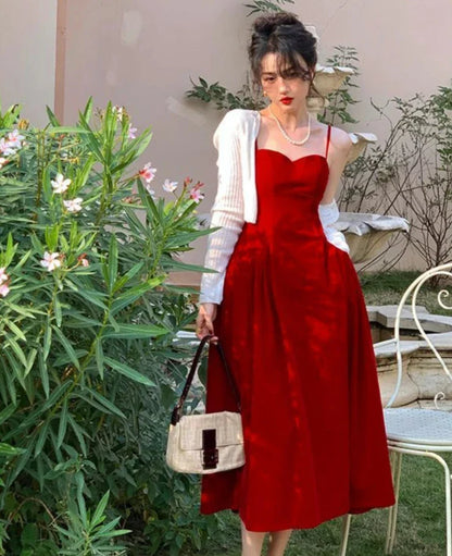 xsrrr NEW YEAR DRESS TO IMPRESS Summer French Vintage Strap Dress Women Red Elegent Korean Party Midi Dress Female Sexy Backless Evening Beach Fairy Dress