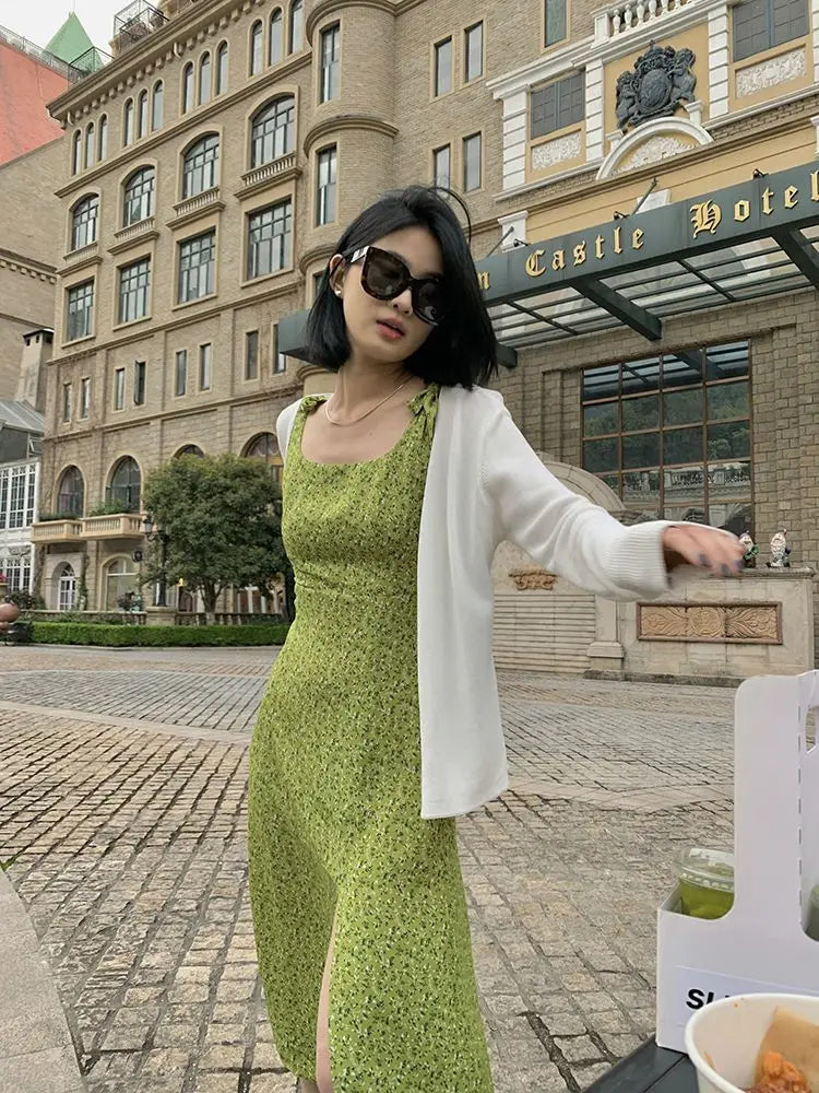 xsrrr Green Elegant Floral Midi Dress Women Casual Vintage Sexy Split Slip Dress Female 2024 Summer Korean Style Slim Club Party Dress