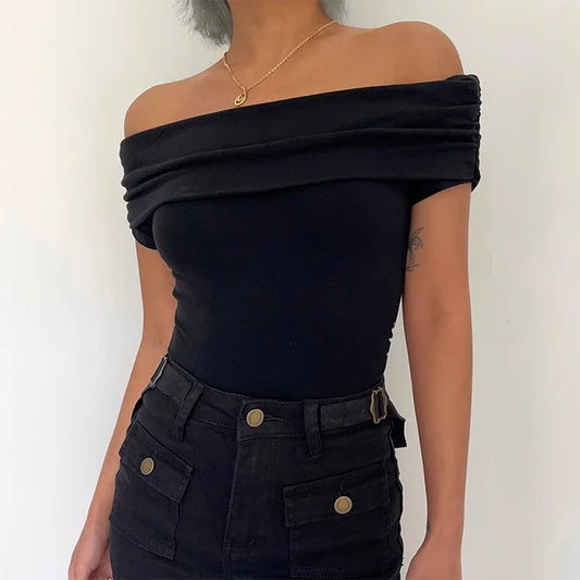 xsrrr Black Off Shoulder Elegant Short Tops Side Pleated Fashion Slim Sexy Cropped T Shirt Women Summer Y2k Clothing Skinny Top