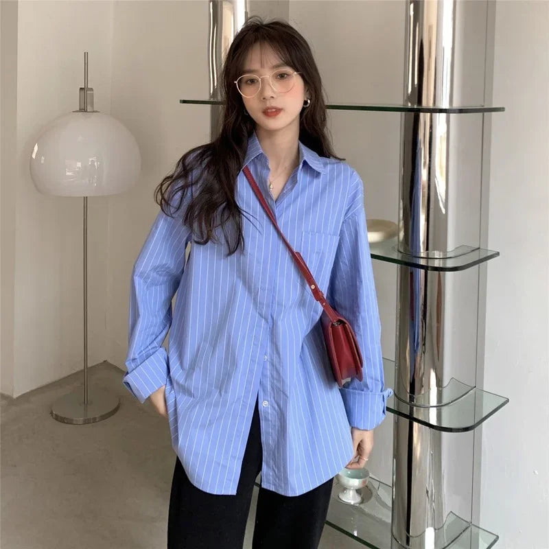 xsrrr Shirts Women Blue Striped Loose Harajuku Long Sleeve Casual Spring Tops Students All-match Fashion Simple Korean Ulzzang Chic BF