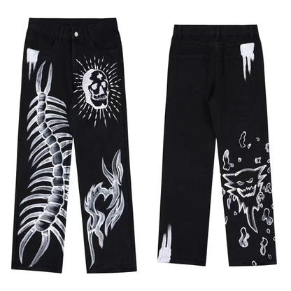 Jeans With Print Straight Baggy Punk Men's Fashion Harajuku Pants Printed Oversize Streetwear Y2k Black Trendyol Hip Hop Man