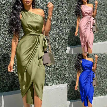 xsrrr Summer Dresses Women Green Sexy One Shoulder Satin Asymmetrical Ruched Midi Evening Party Prom Dress Gown Bandage Plus Size Robe