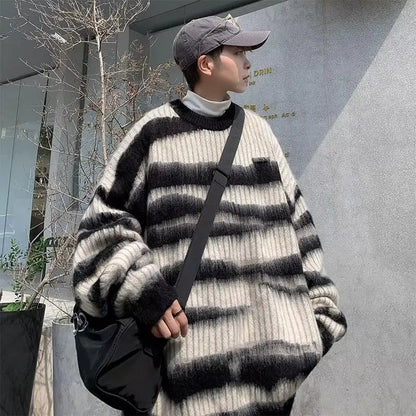 Lattice Korean Fashion Sweater Men Interior Harajuku Men's Clothes Winter Oversize Wool and Mixes Knit Print Luxury