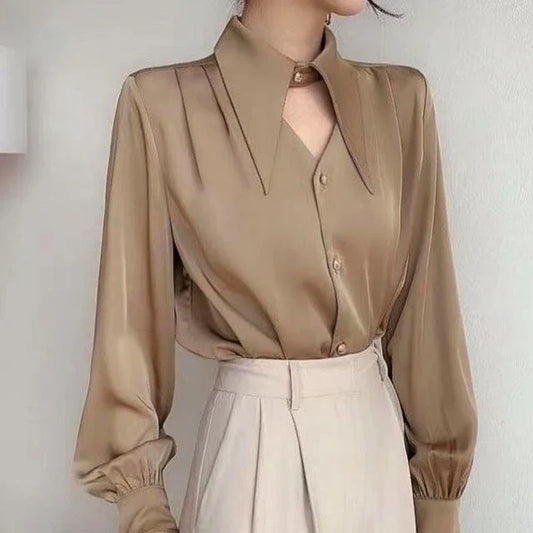 xsrrr 2024 Chic Trend lantern Long Sleeve Shirt Summer New French Hollow Satin Office Lady's V-Neck Elegant Blouses Solid Vintage Top