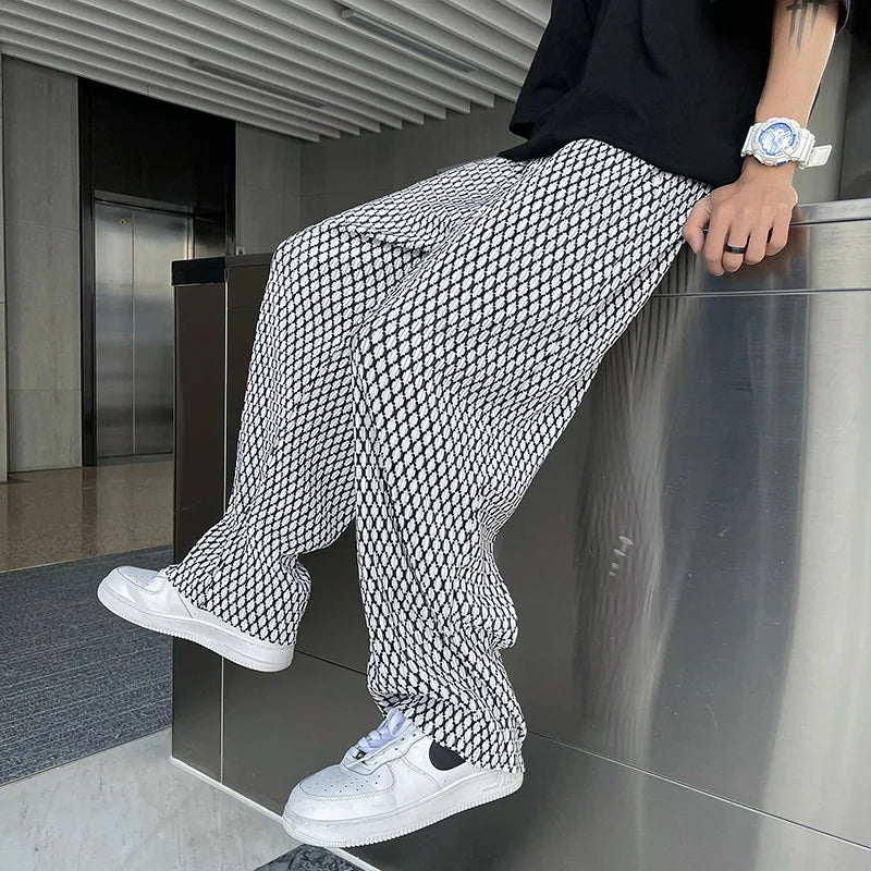 Summer Ice Silk Pants Men Oversized Retro Plaid Pants Men Japanese Streetwear Loose Wide Leg Pants Mens Pleated Trousers M-5XL