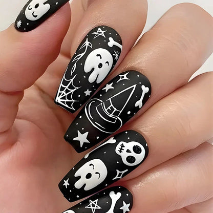 xsrrr Black Fake Nails Women Halloween Party Press on Nails White Ghost Star Spider Web Designs Wearable False Nails Tips 24Pcs