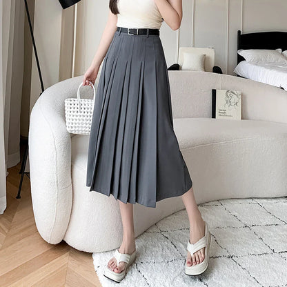 xsrrr Spring Summer High Waist Midi Pleated Skirts Womens Fashion A-line Casual Suit Skirt Ladies Elegant Vintage Umbrella Skirt