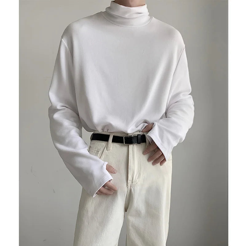 High Collar T Shirt Men Oversized Fashion Black White Casual Tshirt Men Korean Loose Long Sleeve T-shirt Mens Top M-2XL