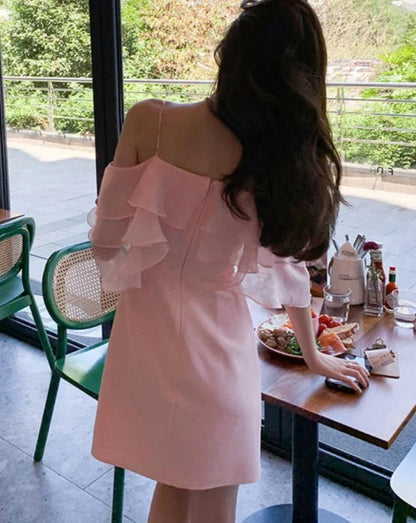 xsrrr DRESS TO IMPRESS Pink Sweet Fairy Dress Women Ruffles Design Sexy Party Mini Dress Female Spring Elegant Princess Casual Korean Strap Dress