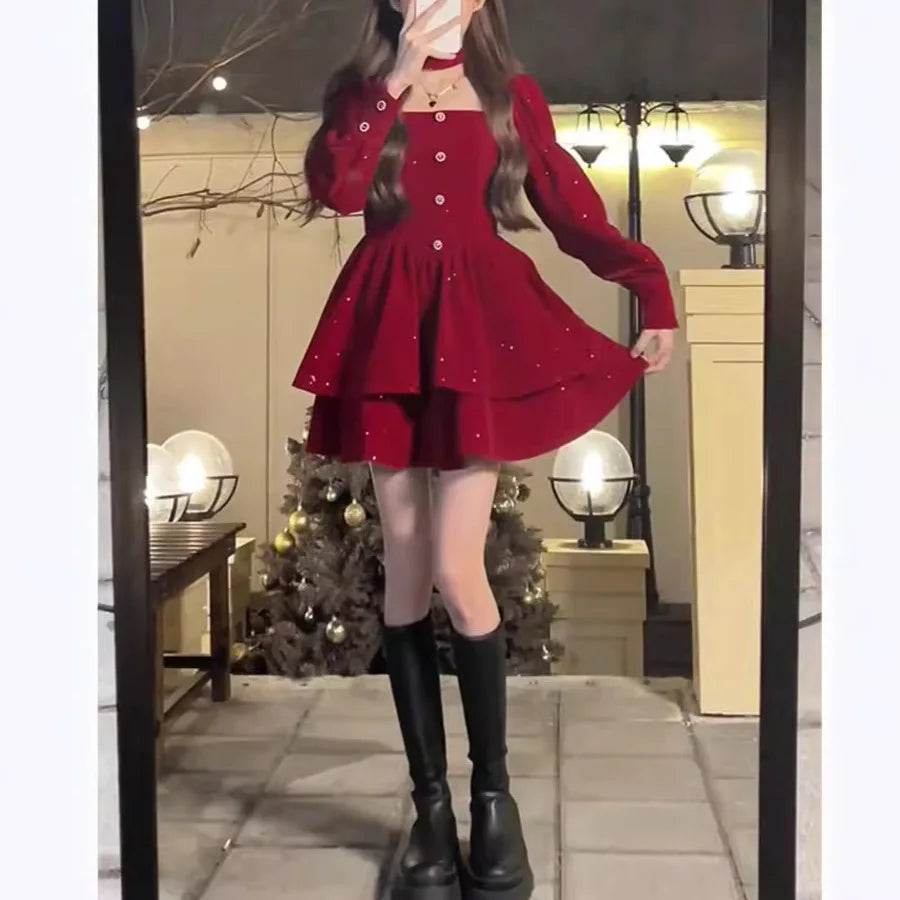 xsrrr Christmas Red Dress Female Hepburn Style Temperament Long Sleeved Slim Velvet French Dress Autumn Winter Sweet Holiday Outfit