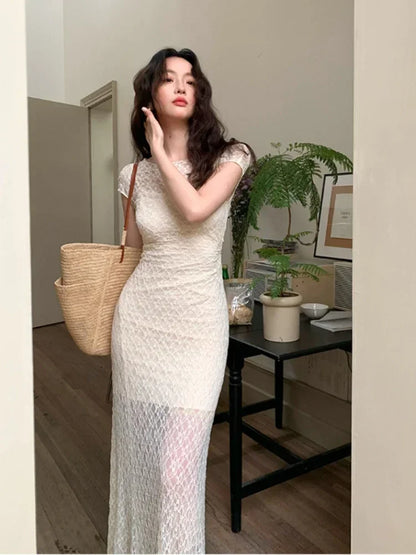 Hnewly DRESS TO IMPRESS Summer 2000s Vintage Y2k Bodycon Dresses Korean Beige 2 Piece Dress Sets Frence Retro Elegant Original Design Lace Flowers Dress