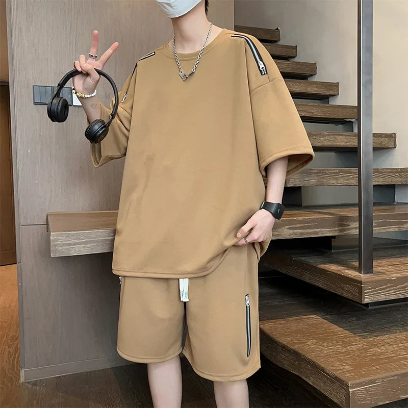 Oversized Tracksuit Men New Korean High Street Fashion Zipper Design T-shirt Shorts Two Pieces Sets Mens Streetwear Men Clothes