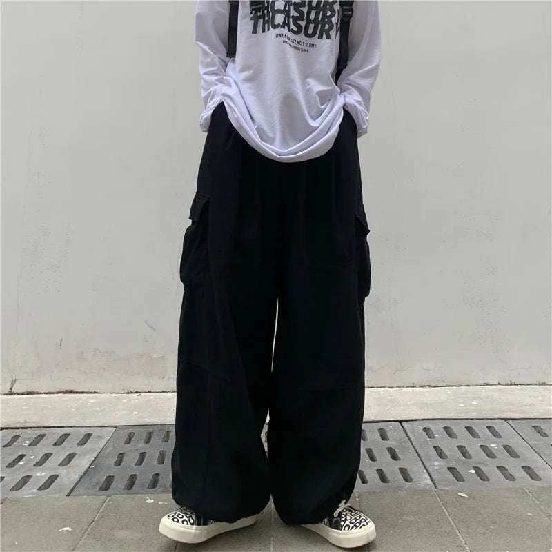 Khaki Cargo Pants Men Elastic Waist Baggy Trousers Fashion Overalls Oversized Bottoms Summer Vintage Male Y2K Clothes Streetwear