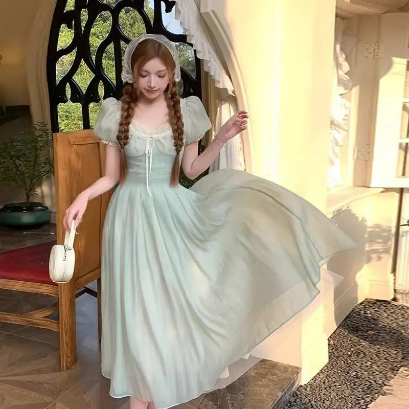 xsrrr DRESS TO IMPRESS Sweet Puff Sleeve Long Fairy Dress Women Lace-up Design Slim Korean Party Dress Female 2024 Summer Casual Holiday Princess Dress