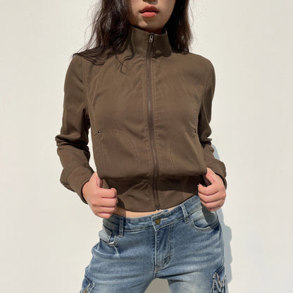 xsrrr Vintage Brown Cropped Jackets Women Harajuku Casual Slim Cargo Zipper Coat Y2K Streetwear Long Sleeve Outerwear Autumn