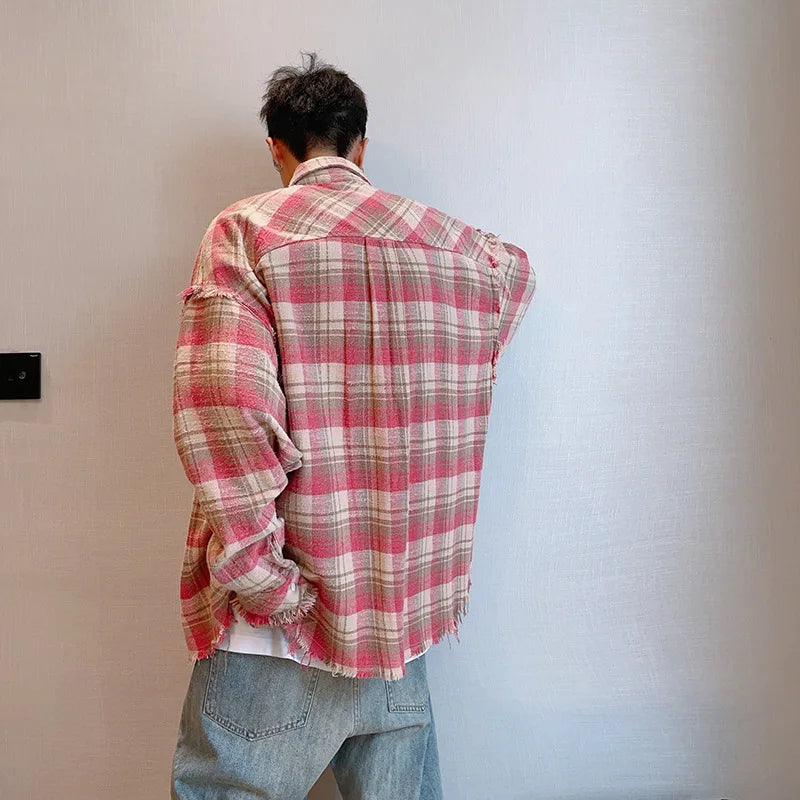 2024 Loose Casual Pink Plaid Shirt Tops men's Clothing Autumn Retro Versatile Cotton Lapel Oversize Long Sleeve Shirt Blouse