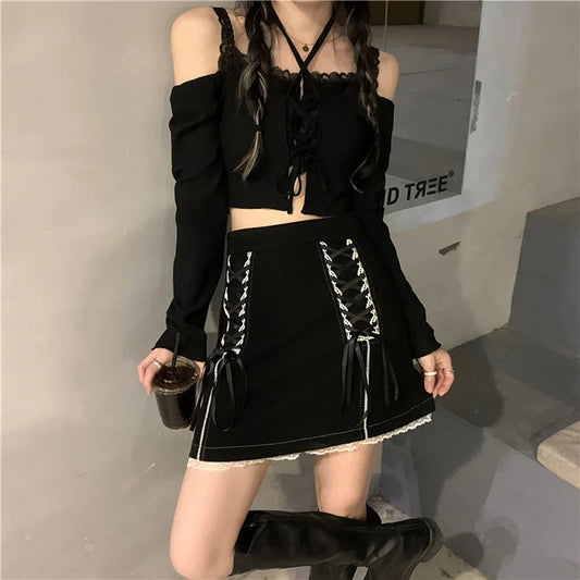 xsrrr Black Lace Goth Skirt Women Streetwear Chic Belt Mini Fairy Grunge Skirts Patchwork Design Sexy Causal Skirts Womens Summer