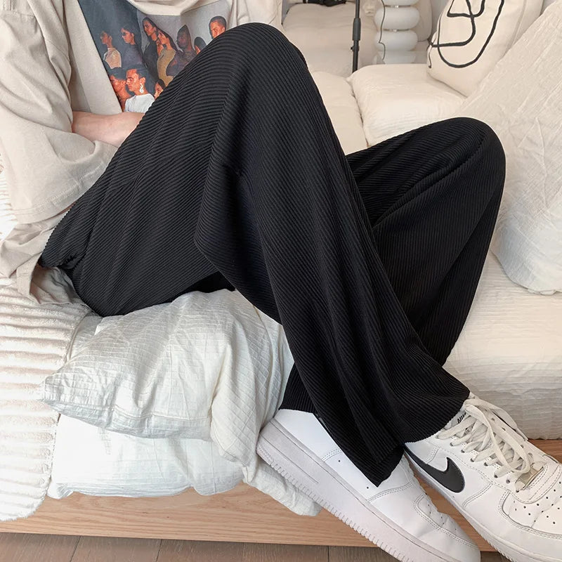 Summer Pleated Pants Men Oversized Gray Black Casual Trousers Men Japanese Streetwear Loose Wide Leg Pants Mens Ice Silk Pants