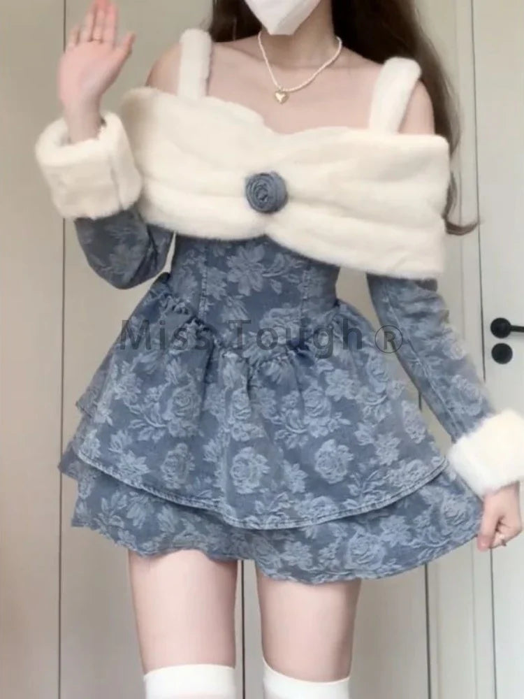 xsrrr DRESS TO IMPRESS Autumn Winter Sweet Denim Dress Women Print Patchwork Warm Party Mini Dress Female Korean Fashion Designer One Piece Dress