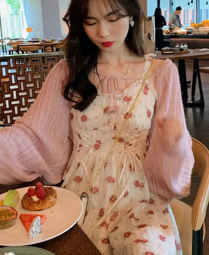 xsrrr Floral Elegant Slip Dress Women Belt Designer Korean Fashion Party Dress Female Casual Vintage Chic Summer One-piece Dress