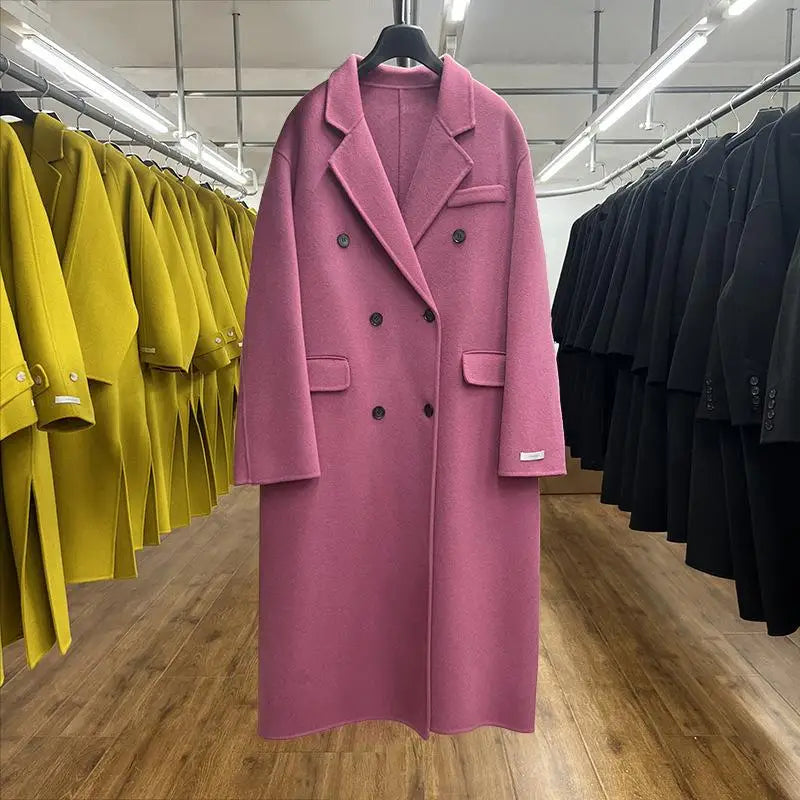 xsrrr Office Lady Suit Collar Long Woolen Jackets Winter Korean Style Double Breasted Long Loose Women 100% Wool Coats