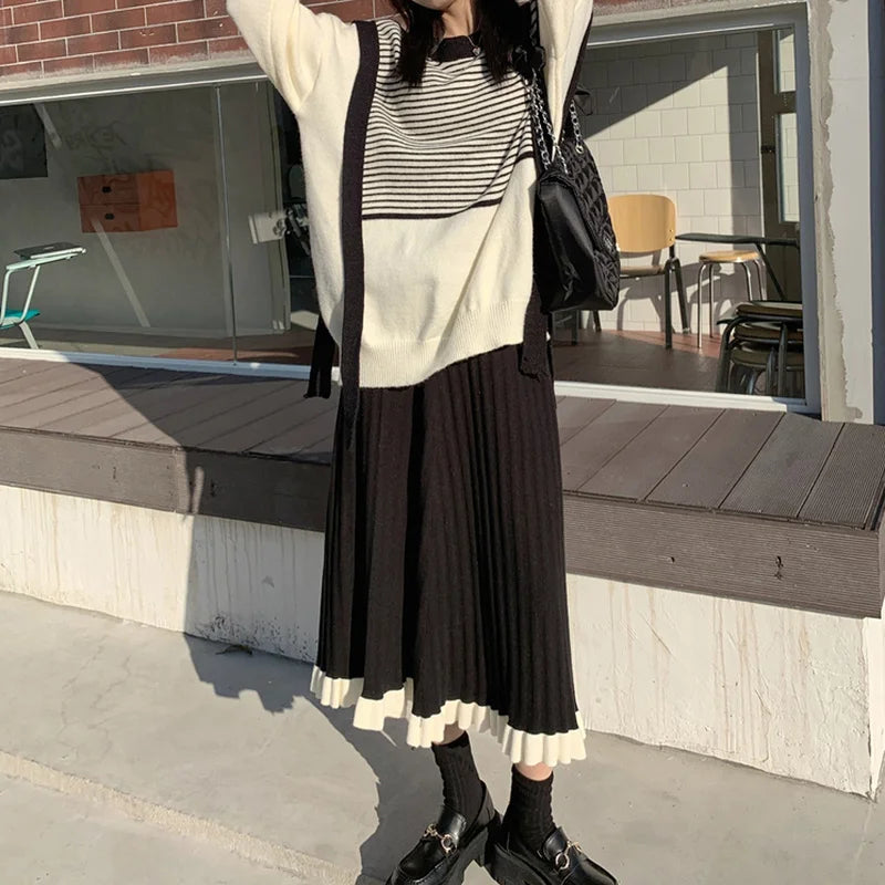 xsrrr DRESS TO IMPRESS Japanese Vintage Knitted Skirt Women Black Patchwork Party Korean Y2k Skirt Female 2021 Winter Casual High Street Gothic Clothes