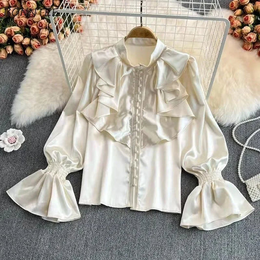 xsrrr Vintage Solid Blouses Women Elegant Acetate Satin Stand Collar Flare Sleeve Design New Chic Sweet Loose Ruffles Female Mujer