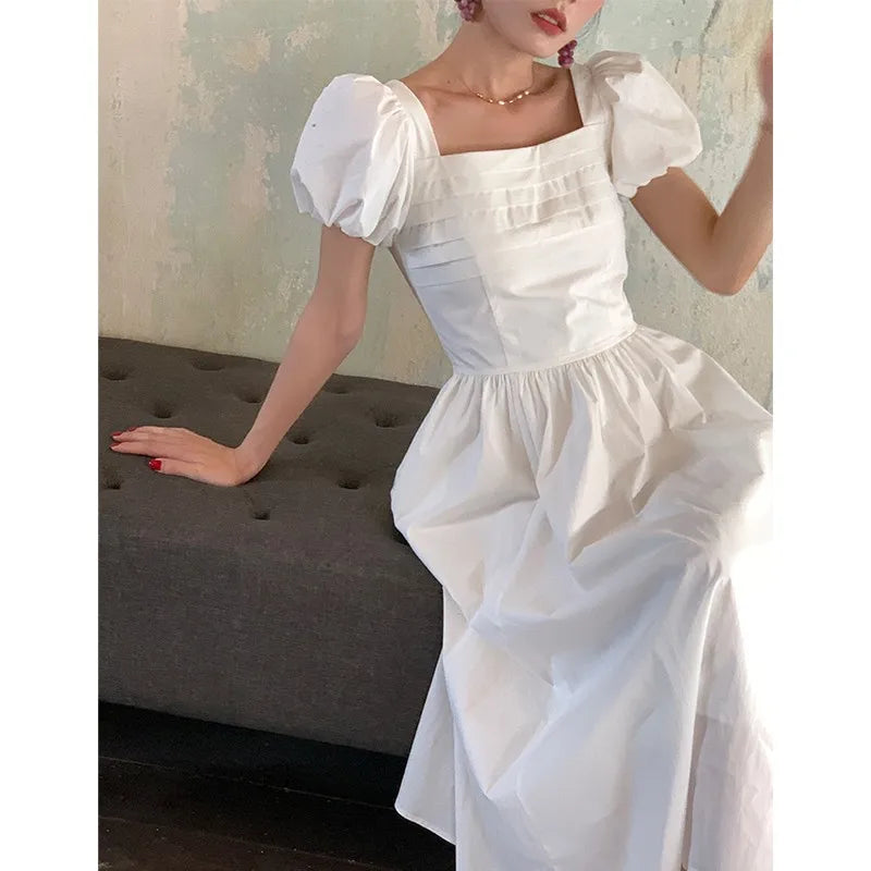 xsrrr White Sweet Elegant Fairy Dress Women Puff Sleeve Folds Design Midi Dress Female Korean One Piece Dress Party 2024 Summer Casual