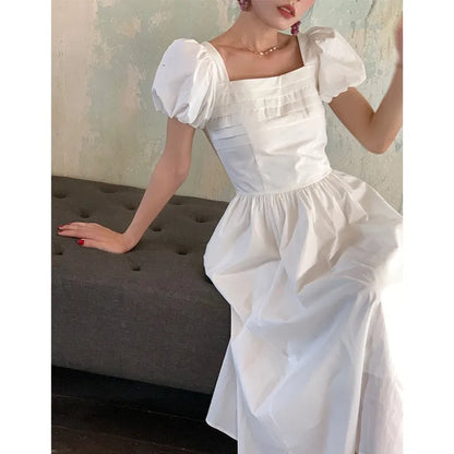 xsrrr White Sweet Elegant Fairy Dress Women Puff Sleeve Folds Design Midi Dress Female Korean One Piece Dress Party 2024 Summer Casual