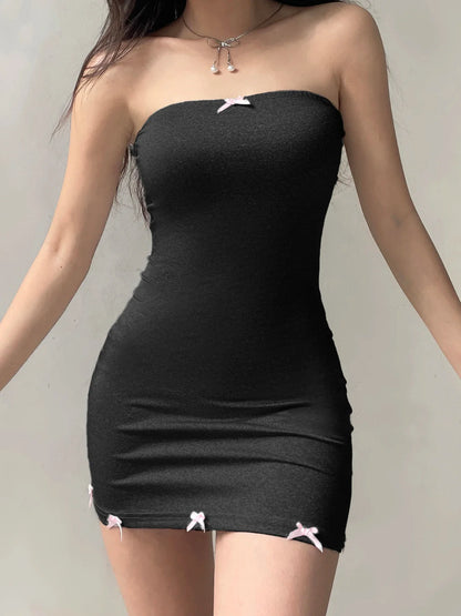 xsrrr Sweet Bow Bodycon Dress Sexy Slim Slash Neck Slash Neck Sleeveless Mini Dresses For Women 2024 Summer Fashion Streetwear