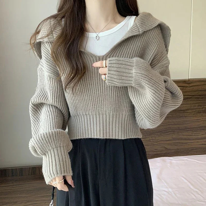 xsrrr Long Sleeve Cropped Sweater Women Autumn Winter Turn Down Collar Knitted Jumper Woman Korean Style Solid Color Jerseys