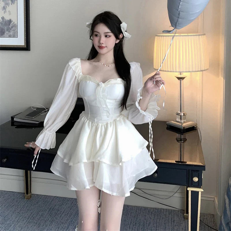 xsrrr Summer Fashion Sweet Cake White Short Dresses Femme High Waist Long Sleeves Dress Fairy Elegant Lace Evening Dresses for Women