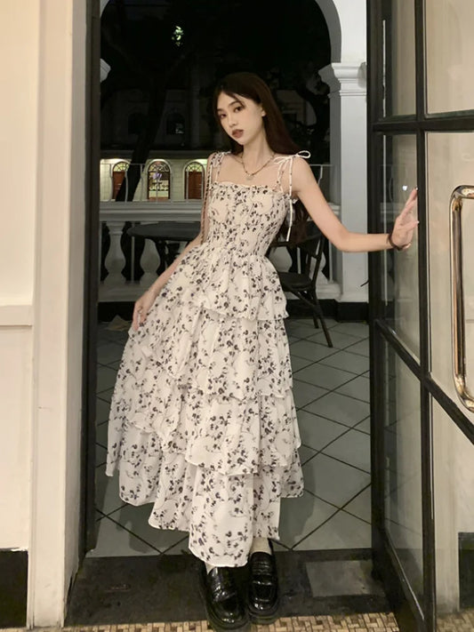 xsrrr Y2k Fairycore White Graduation Dress Women Korean Style One Piece Slip Floral Dresses Vintage Long Prom Vestidos Summer