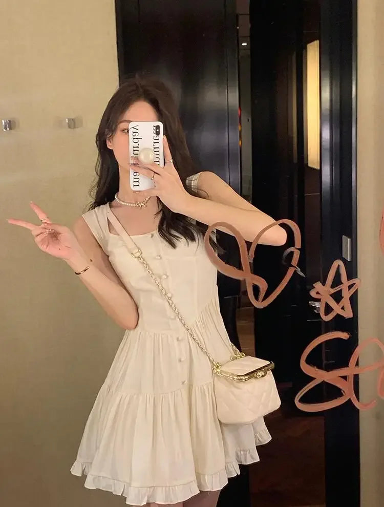 xsrrr DRESS TO IMPRESS Women Beige Dress Sexy Sweet Elegant Backless Ruffle Edge Mini Skirt Fashion Square Collar Lady Pleated Short Dresses Summer